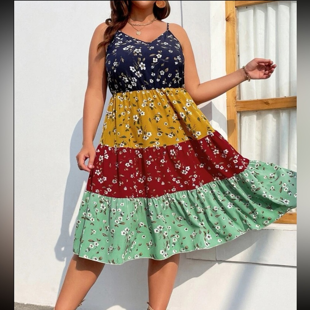 Boho Plus Size Floral Print Colorblock Tiered Cami Dress